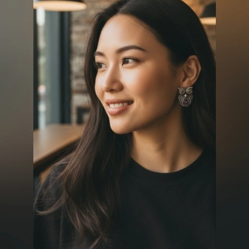 Vintage Sterling Silver Owl Stud Amethyst And Marcasite Earrings - Picture 2 of 5